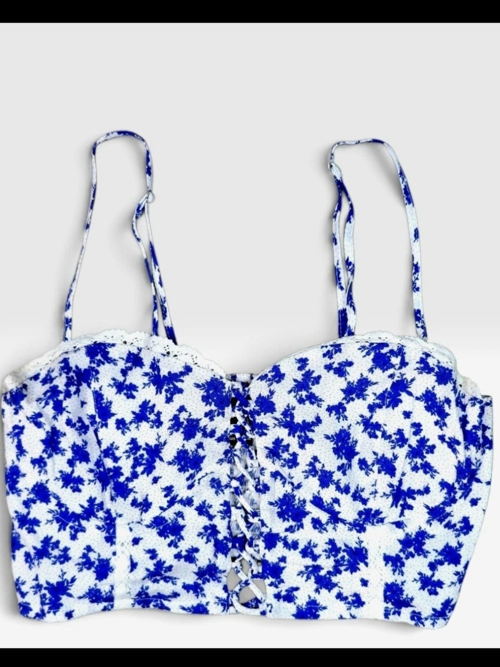 Forever 21 Blue Floral Corset Crop Top SmallBlue Floral Lace-Up Bustier Crop Top